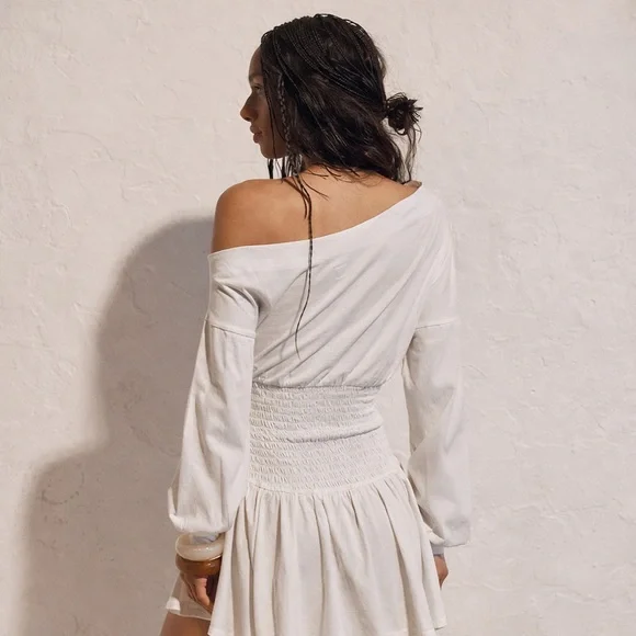 Free People Free-Est Scorching Hot Ivory Mini Dress Smocked Off Shoulder Boho M - Picture 2 of 10